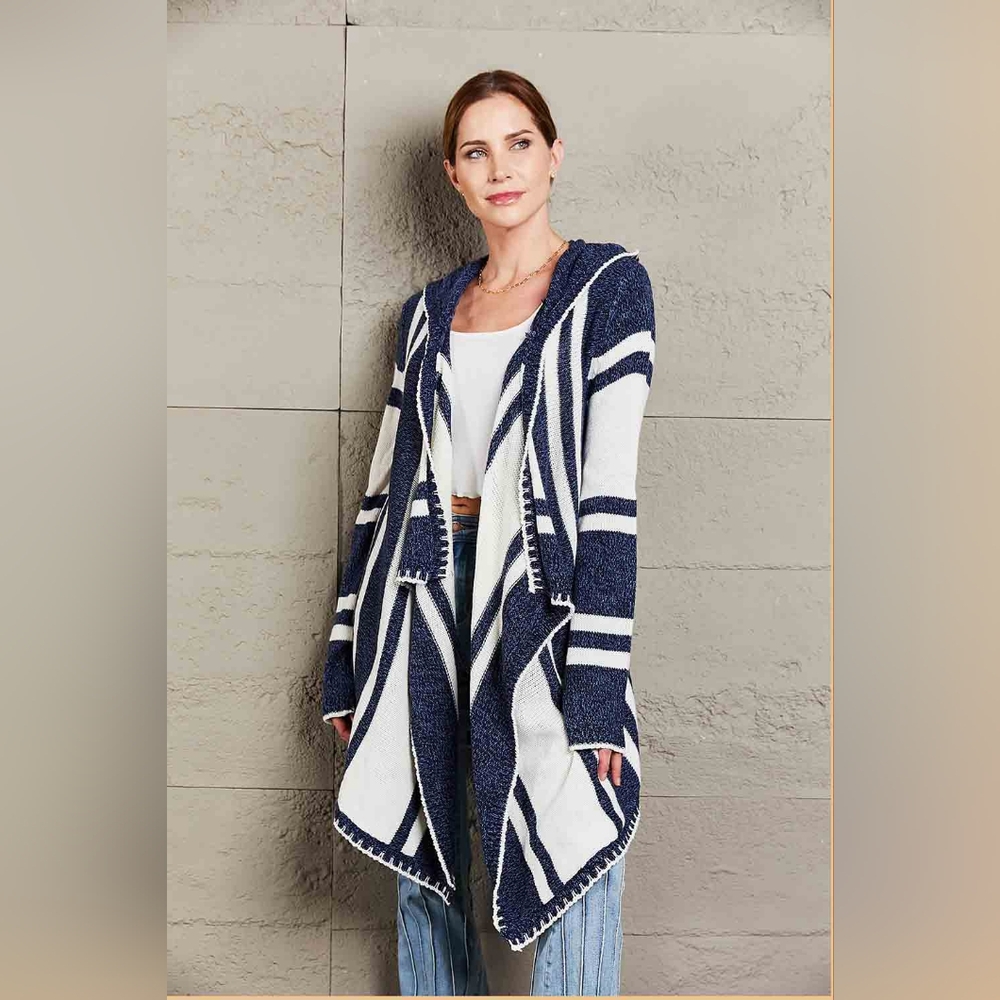 Long Hooded Oversized Knit Open Front Drape Cardigan Handkerchief Bohemian Chic - Picture 7 of 14
